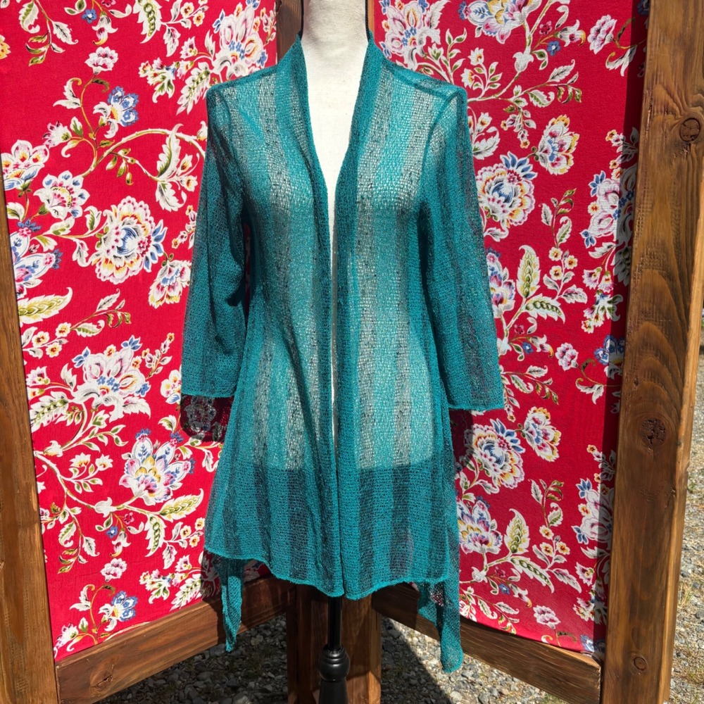 Turquoise Black Striped Semi Sheer Duster Cardigan Fairygrunge Whimsigoth Size L